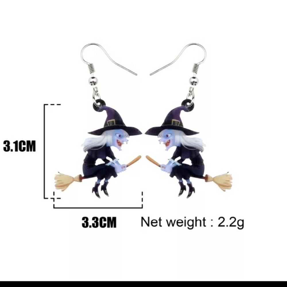 Acrylic Earrings:Cackling Flying Witch on a Broom - Picture 2 of 4